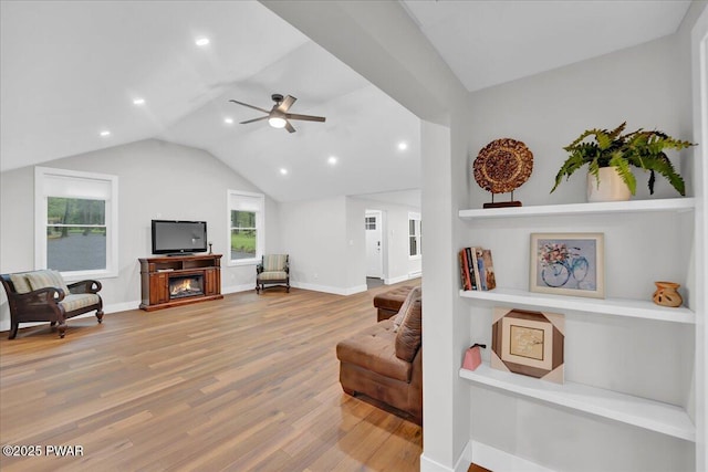 105 Cherry Point Ct, Hawley, PA 18428 - living room featuring wood finished floors, ceiling fan, recessed lighting, lofted ceiling, and baseboards