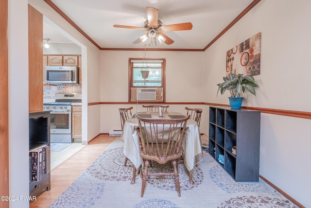 dining space featuring cooling unit, crown molding, ceiling fan, light wood-type flooring, and a baseboard radiator