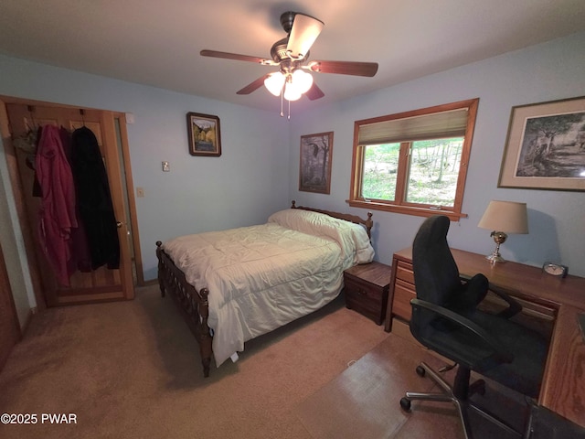1304 Pratt Hollow Rd, Nicholson, PA 18446 - bedroom featuring a desk, light carpet, and a ceiling fan