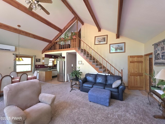 1304 Pratt Hollow Rd, Nicholson, PA 18446 - living area with light colored carpet, a wall unit AC, stairway, beamed ceiling, and ceiling fan