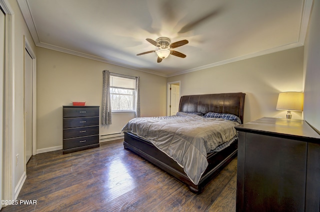 235 Oak Hill Rd, Hawley, PA 18428 - bedroom with ceiling fan, crown molding, baseboards, a baseboard radiator, and dark wood-style floors