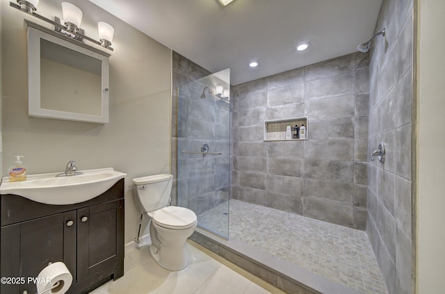 235 Oak Hill Rd, Hawley, PA 18428 - full bath featuring tile patterned flooring, vanity, toilet, tiled shower, and recessed lighting