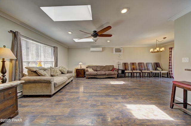 235 Oak Hill Rd, Hawley, PA 18428 - living area with ornamental molding, a wall mounted air conditioner, a wall unit AC, ceiling fan with notable chandelier, and a skylight