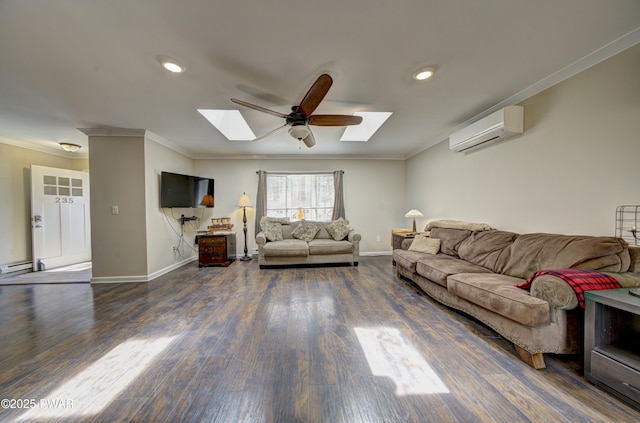 235 Oak Hill Rd, Hawley, PA 18428 - living room featuring a skylight, ornamental molding, ceiling fan, and a wall mounted air conditioner