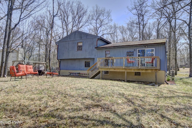 235 Oak Hill Rd, Hawley, PA 18428 - back of house with a lawn, a wooden deck, and stairway