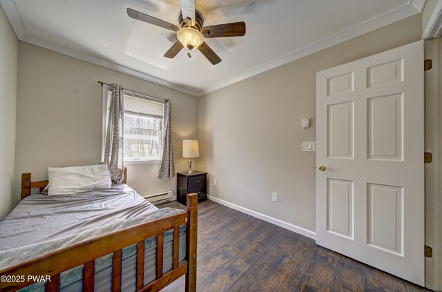 235 Oak Hill Rd, Hawley, PA 18428 - bedroom with crown molding, ceiling fan, baseboard heating, baseboards, and dark wood-type flooring