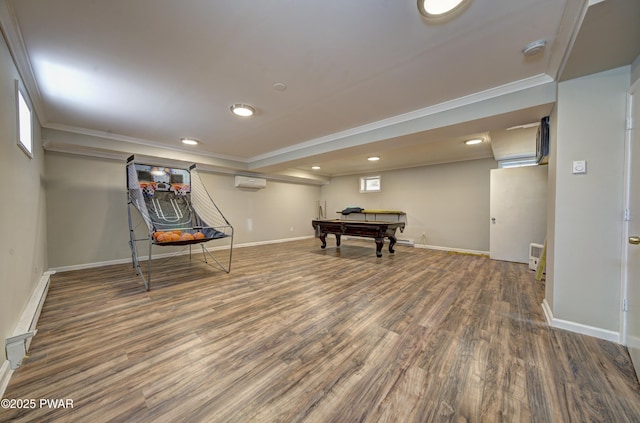 235 Oak Hill Rd, Hawley, PA 18428 - rec room featuring a wall unit AC, crown molding, pool table, wood finished floors, and baseboards