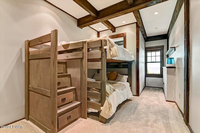 849 S Preston Rd, Lakewood, PA 18439 - bedroom with light carpet, baseboards, recessed lighting, and beamed ceiling