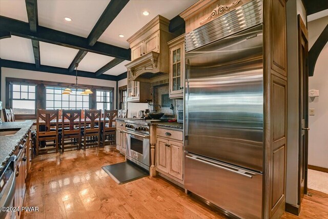 849 S Preston Rd, Lakewood, PA 18439 - kitchen with premium appliances, light wood-type flooring, beamed ceiling, glass insert cabinets, and coffered ceiling