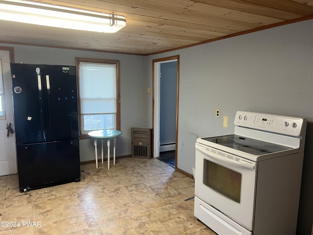 kitchen with wood ceiling, baseboards, electric stove, baseboard heating, and freestanding refrigerator