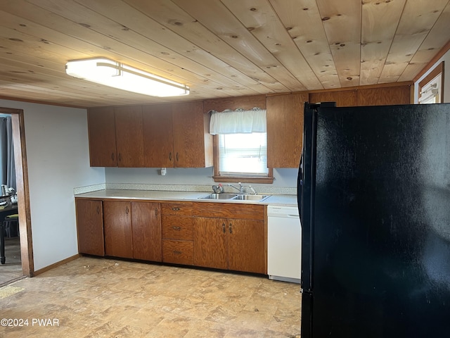 kitchen with wood ceiling, freestanding refrigerator, white dishwasher, light countertops, and a sink