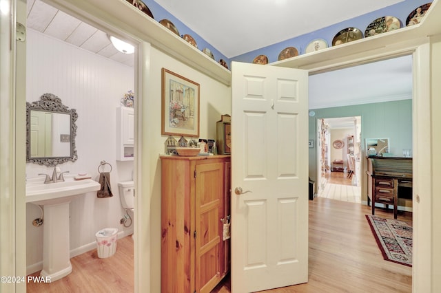 hall featuring wood-type flooring and sink