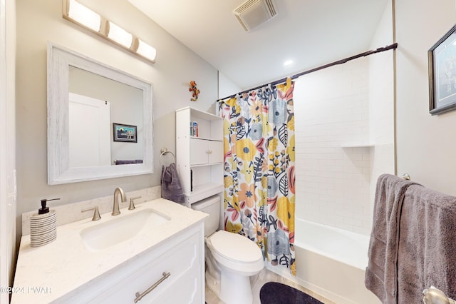 full bathroom with vanity, toilet, and shower / bathtub combination with curtain