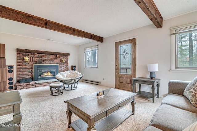 carpeted living room featuring a brick fireplace, beamed ceiling, a textured ceiling, and a baseboard heating unit