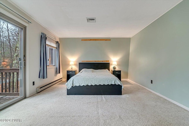 carpeted bedroom featuring access to exterior and a baseboard radiator