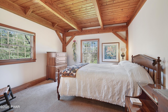 114 Wisener Ln, Shohola, PA 18458 - carpeted bedroom featuring beamed ceiling, baseboards, and wooden ceiling