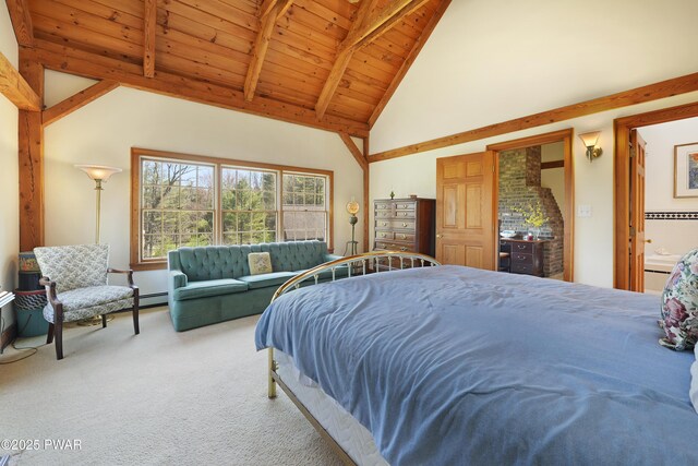 114 Wisener Ln, Shohola, PA 18458 - bedroom featuring wood ceiling, high vaulted ceiling, carpet flooring, and beam ceiling