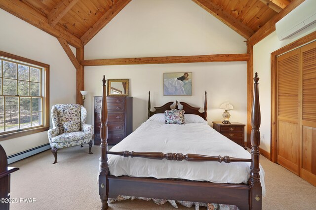 114 Wisener Ln, Shohola, PA 18458 - bedroom with a wall mounted AC, carpet flooring, wood ceiling, beam ceiling, and a baseboard radiator