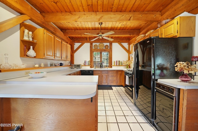 114 Wisener Ln, Shohola, PA 18458 - kitchen featuring light countertops, black appliances, wooden ceiling, and a peninsula