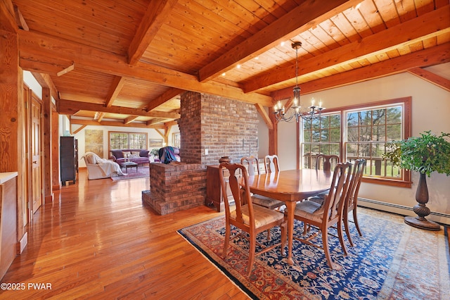 114 Wisener Ln, Shohola, PA 18458 - dining space featuring beamed ceiling, wood ceiling, a baseboard radiator, light wood finished floors, and a notable chandelier