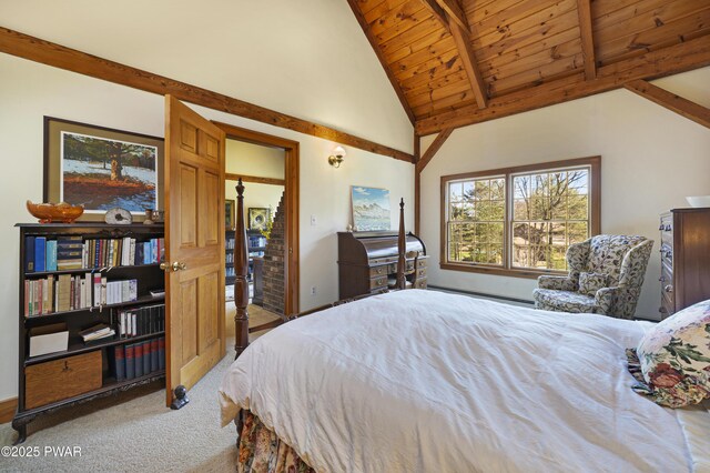 114 Wisener Ln, Shohola, PA 18458 - carpeted bedroom featuring baseboard heating, wooden ceiling, high vaulted ceiling, and beam ceiling