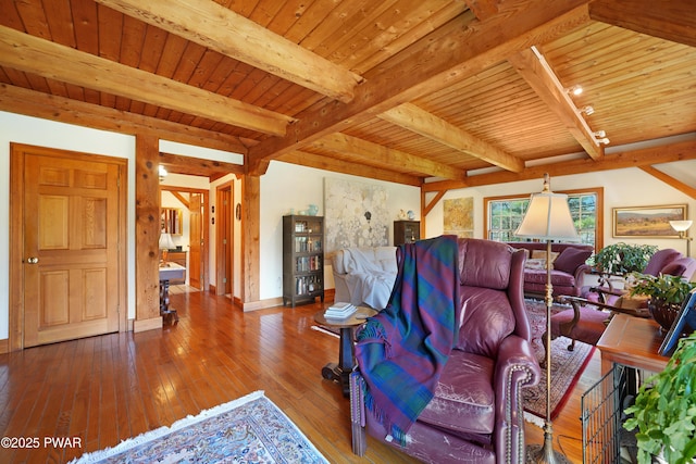 114 Wisener Ln, Shohola, PA 18458 - living room featuring baseboards, wood ceiling, hardwood / wood-style floors, and beam ceiling