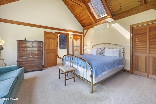 114 Wisener Ln, Shohola, PA 18458 - carpeted bedroom with a wall unit AC, beam ceiling, a skylight, high vaulted ceiling, and wooden ceiling