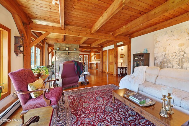 114 Wisener Ln, Shohola, PA 18458 - living area featuring wood ceiling, a fireplace, beamed ceiling, baseboard heating, and wood finished floors