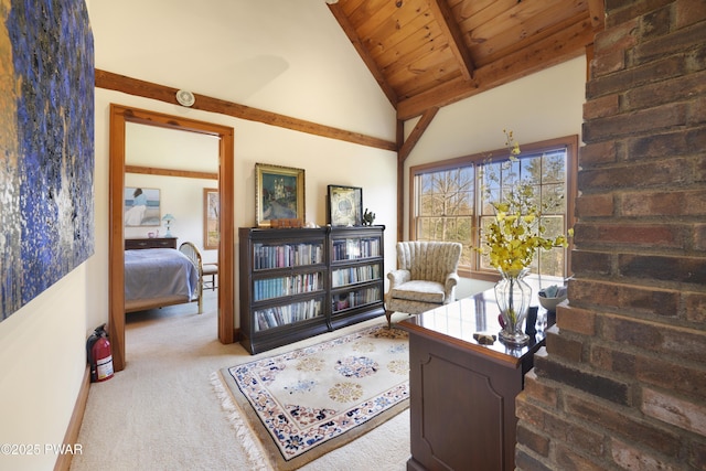 114 Wisener Ln, Shohola, PA 18458 - home office with high vaulted ceiling, wood ceiling, beamed ceiling, and carpet floors