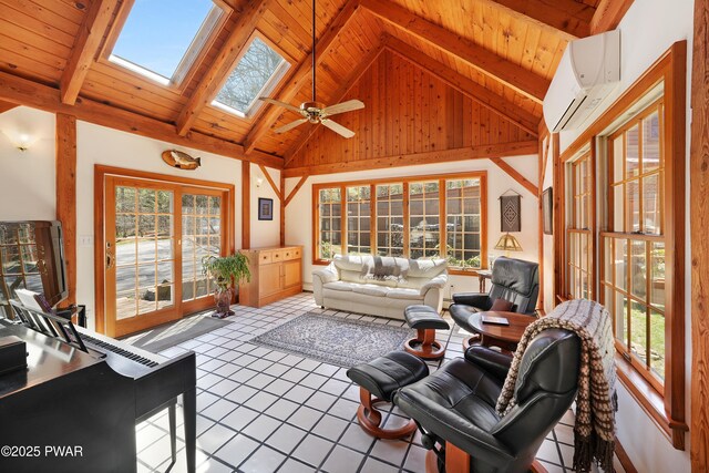 114 Wisener Ln, Shohola, PA 18458 - sunroom with a wall mounted air conditioner, a wealth of natural light, beamed ceiling, and a skylight