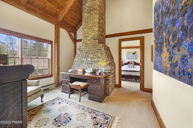 114 Wisener Ln, Shohola, PA 18458 - office space with baseboards, wooden ceiling, carpet, beam ceiling, and a baseboard heating unit