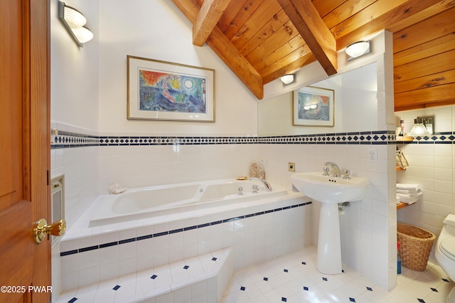 114 Wisener Ln, Shohola, PA 18458 - full bathroom featuring wooden ceiling, tile patterned flooring, a garden tub, toilet, and vaulted ceiling with beams