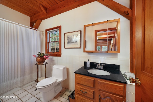 114 Wisener Ln, Shohola, PA 18458 - full bathroom with vanity, tile patterned flooring, toilet, beam ceiling, and wooden ceiling