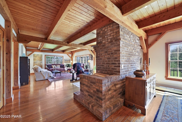 114 Wisener Ln, Shohola, PA 18458 - living room featuring a baseboard heating unit, baseboards, light wood finished floors, wood ceiling, and vaulted ceiling with beams