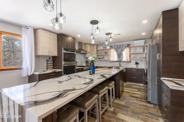 65 N Shore Dr, Albrightsville, PA 18210 - kitchen with wall chimney range hood, open shelves, a sink, appliances with stainless steel finishes, and a wealth of natural light