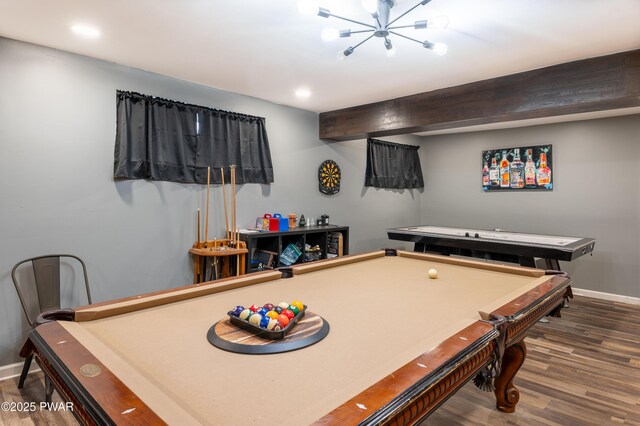 65 N Shore Dr, Albrightsville, PA 18210 - game room with an inviting chandelier, wood finished floors, baseboards, and pool table