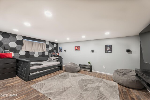 65 N Shore Dr, Albrightsville, PA 18210 - bedroom with baseboards, an accent wall, wood finished floors, and recessed lighting