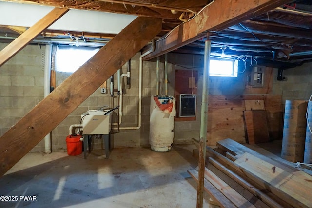 basement with electric panel and water heater