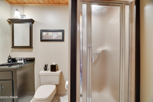 bathroom featuring walk in shower, wood ceiling, vanity, tile patterned flooring, and toilet