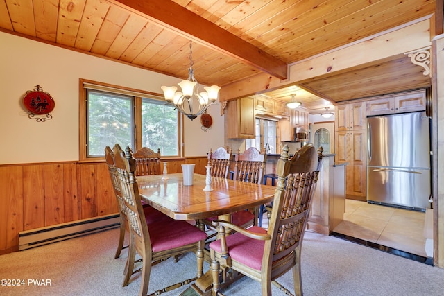 dining space featuring beam ceiling, an inviting chandelier, a baseboard heating unit, wooden walls, and wood ceiling