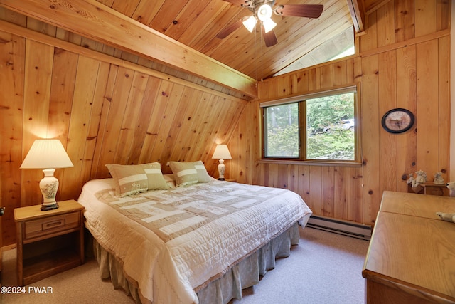 bedroom with light carpet, baseboard heating, wooden walls, ceiling fan, and lofted ceiling