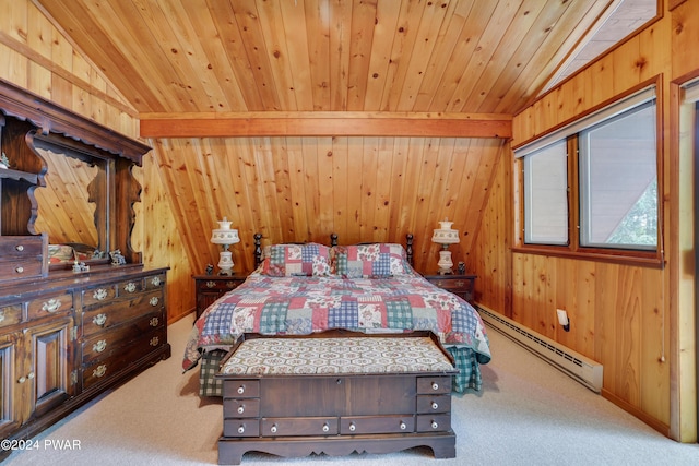 bedroom featuring a baseboard radiator, vaulted ceiling, and light colored carpet