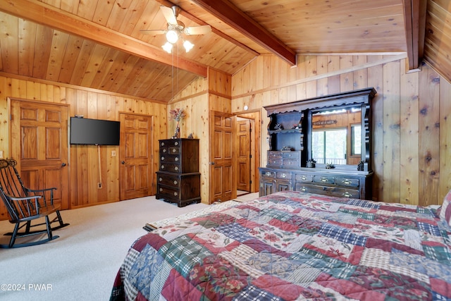 bedroom featuring wood ceiling, ceiling fan, carpet floors, and lofted ceiling with beams