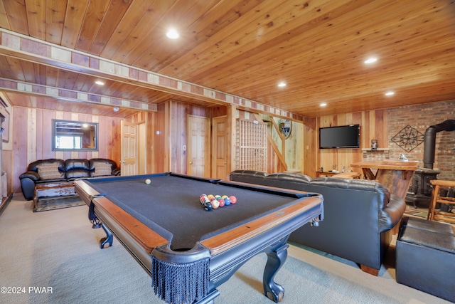 rec room with wooden walls, carpet, wood ceiling, and billiards