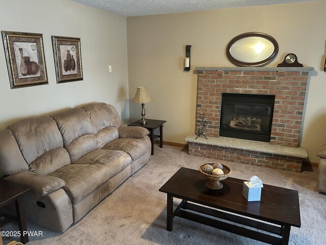 carpeted living room with a textured ceiling and a brick fireplace