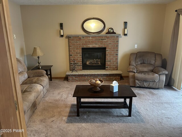 living room featuring a fireplace and light carpet