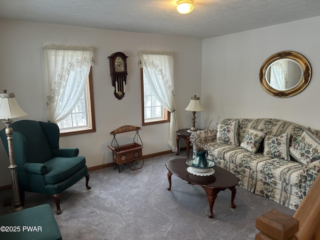 carpeted living room with a textured ceiling and a wealth of natural light