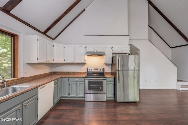 268 S Fairway Dr, Lake Ariel, PA 18436 - kitchen with stainless steel appliances, under cabinet range hood, beamed ceiling, dark wood-type flooring, and gray cabinets