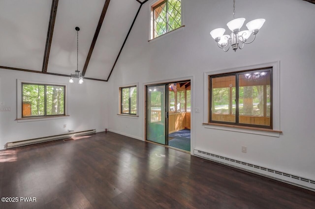 268 S Fairway Dr, Lake Ariel, PA 18436 - unfurnished living room with baseboard heating, high vaulted ceiling, a chandelier, wood finished floors, and beamed ceiling