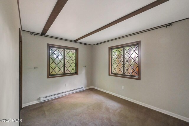 268 S Fairway Dr, Lake Ariel, PA 18436 - empty room featuring a baseboard radiator, beamed ceiling, and carpet flooring
